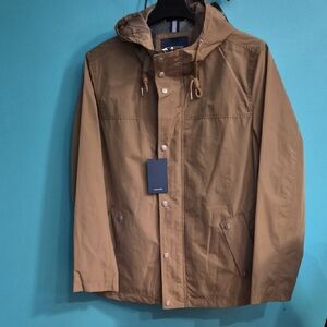 NWT Cole Haan Men's Hooded Raincoat in Camel Brown PTP 24, LENTH 31